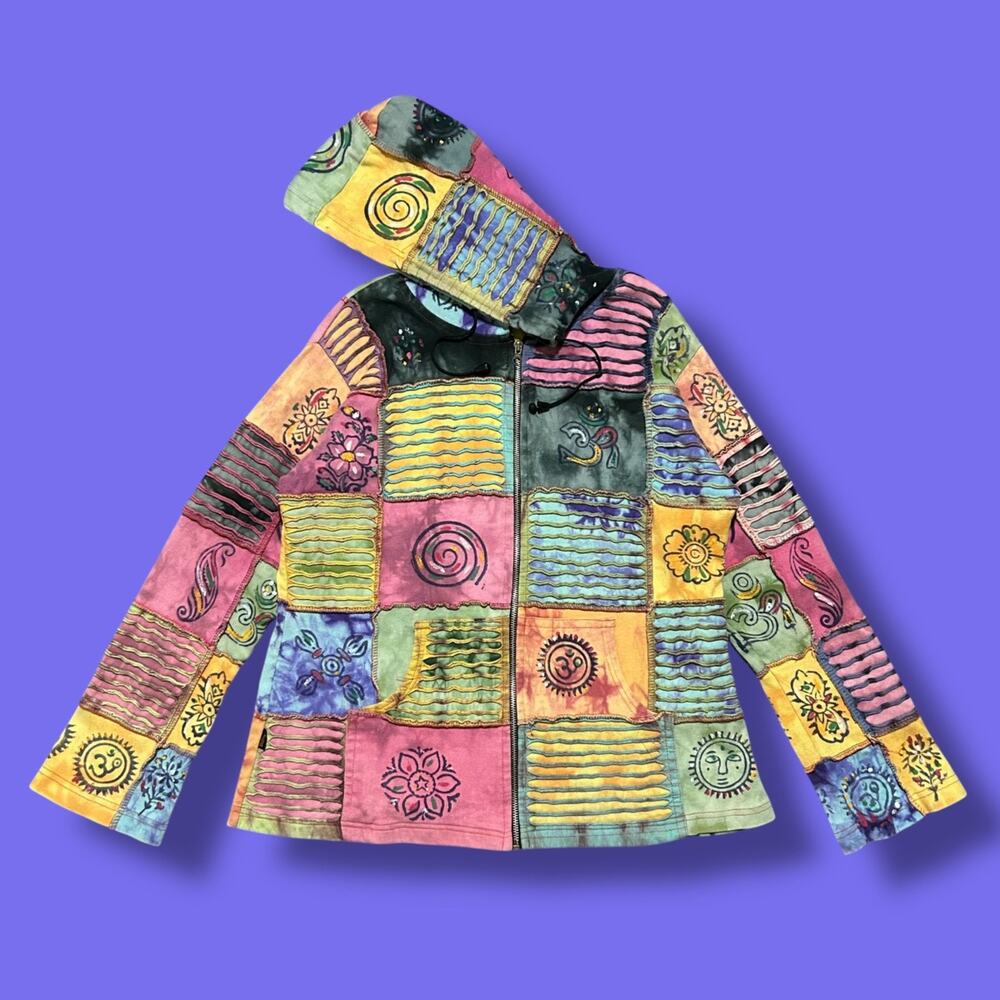 Vintage Hippie Jacket Patchwork Nepal Boho Full Zip Sweatshirt 90s y2k XL